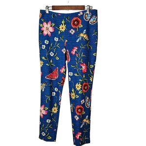 J. McLaughlin Margot Pants Size 10 Stretch Blue Floral Butterfly Print Zip Side